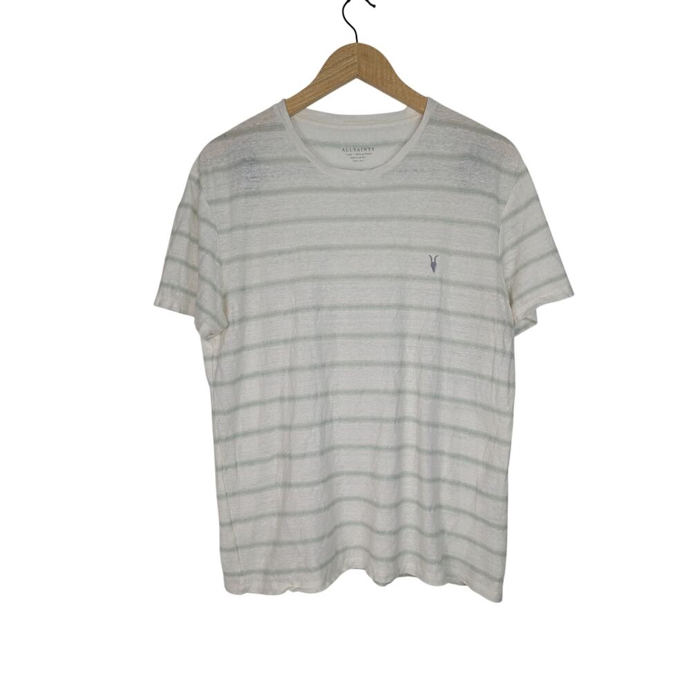 AllSaints Men's Striped Linen Vehicle Crew Short Sleeve T-shirt Coastal